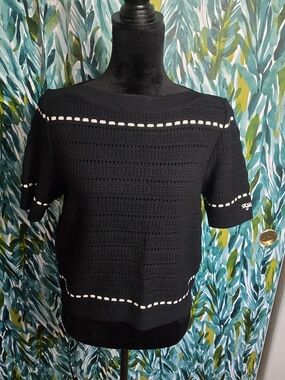 St. John Sport by Marie Gray Black Knit Short Sleeve Top with White Accents